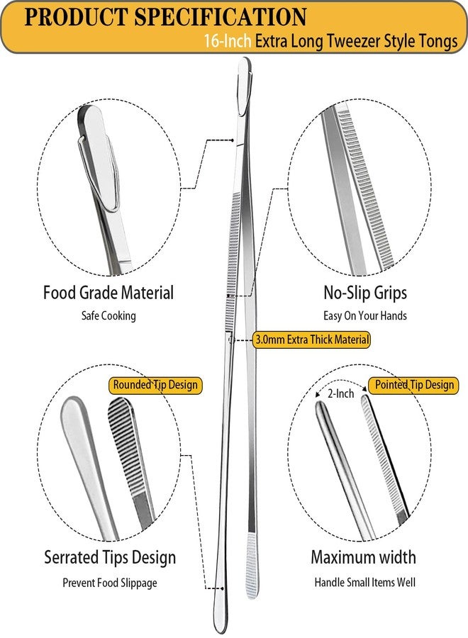 JETKONG 2 Pcs 16-Inch Kitchen Tweezers Extra Long Tweezer Tongs, Heavy Duty Stainless Steel Cooking Tweezers (Silver) - Image 2